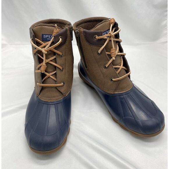 Womens Sperry Size 9 M Brown Navy Waterproof Rubber Duck Boots STS84628 - Picture 1 of 10